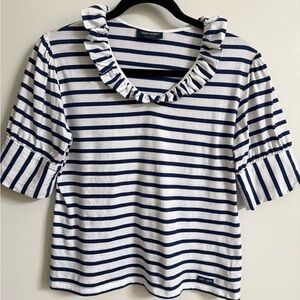 Saint James Striped Tee Ruffle Neck Navy White Small